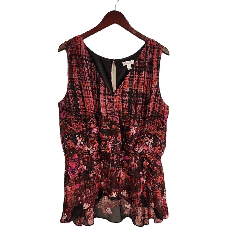 Bisou Bisou Floral Plaid Sleeveless Top Blouse XL Red Black